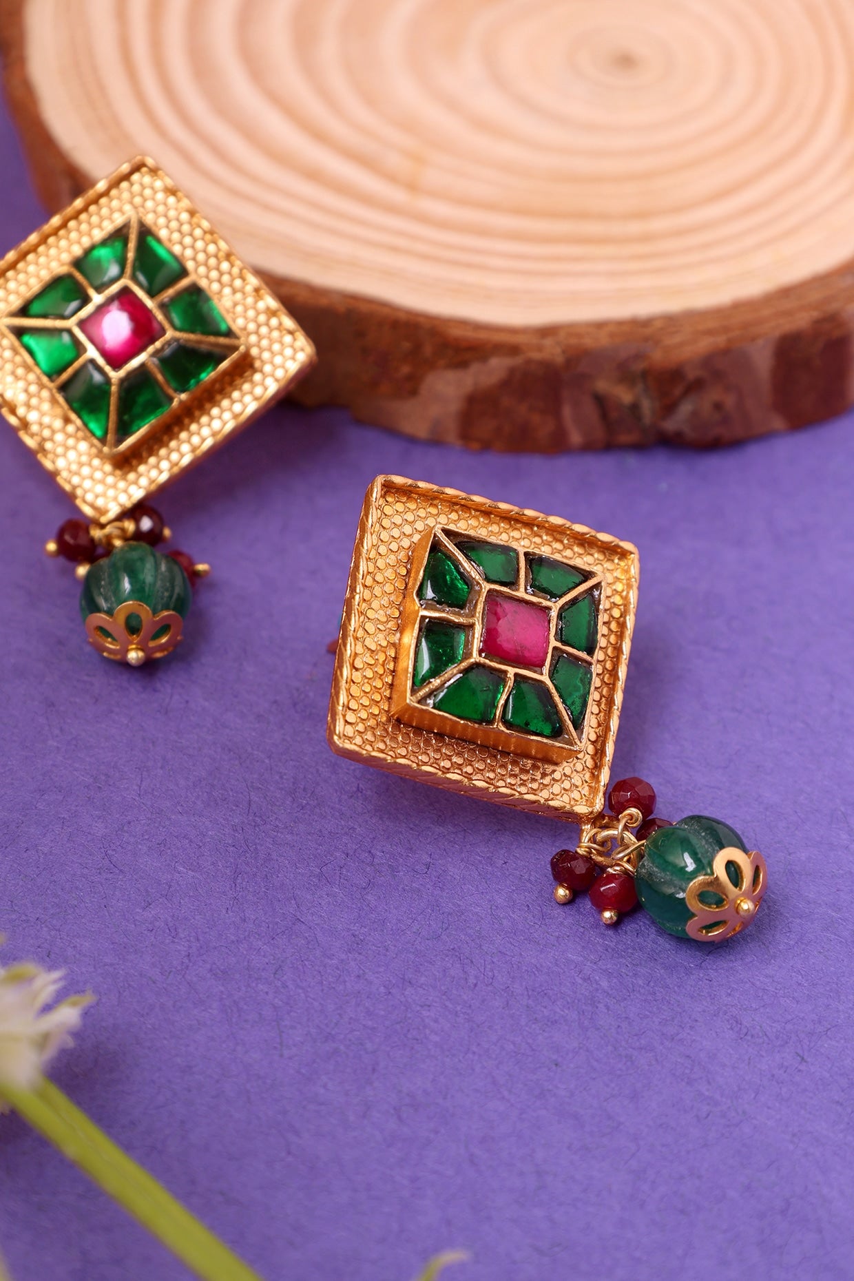 Gold Plated Kundan Polki Temple Dangler Earrings In Sterling Silver