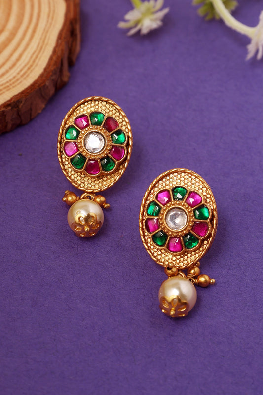 Gold Plated Kundan Polki & Pearl Temple Dangler Earrings In Sterling Silver