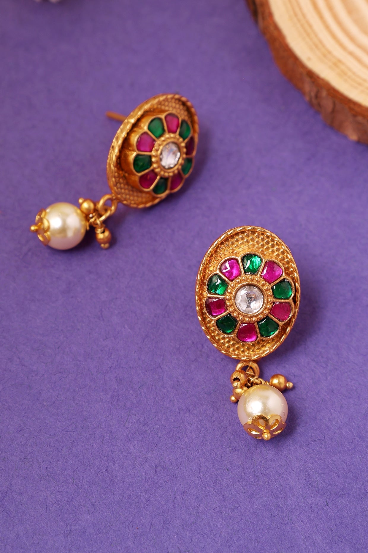 Gold Plated Kundan Polki & Pearl Temple Dangler Earrings In Sterling Silver