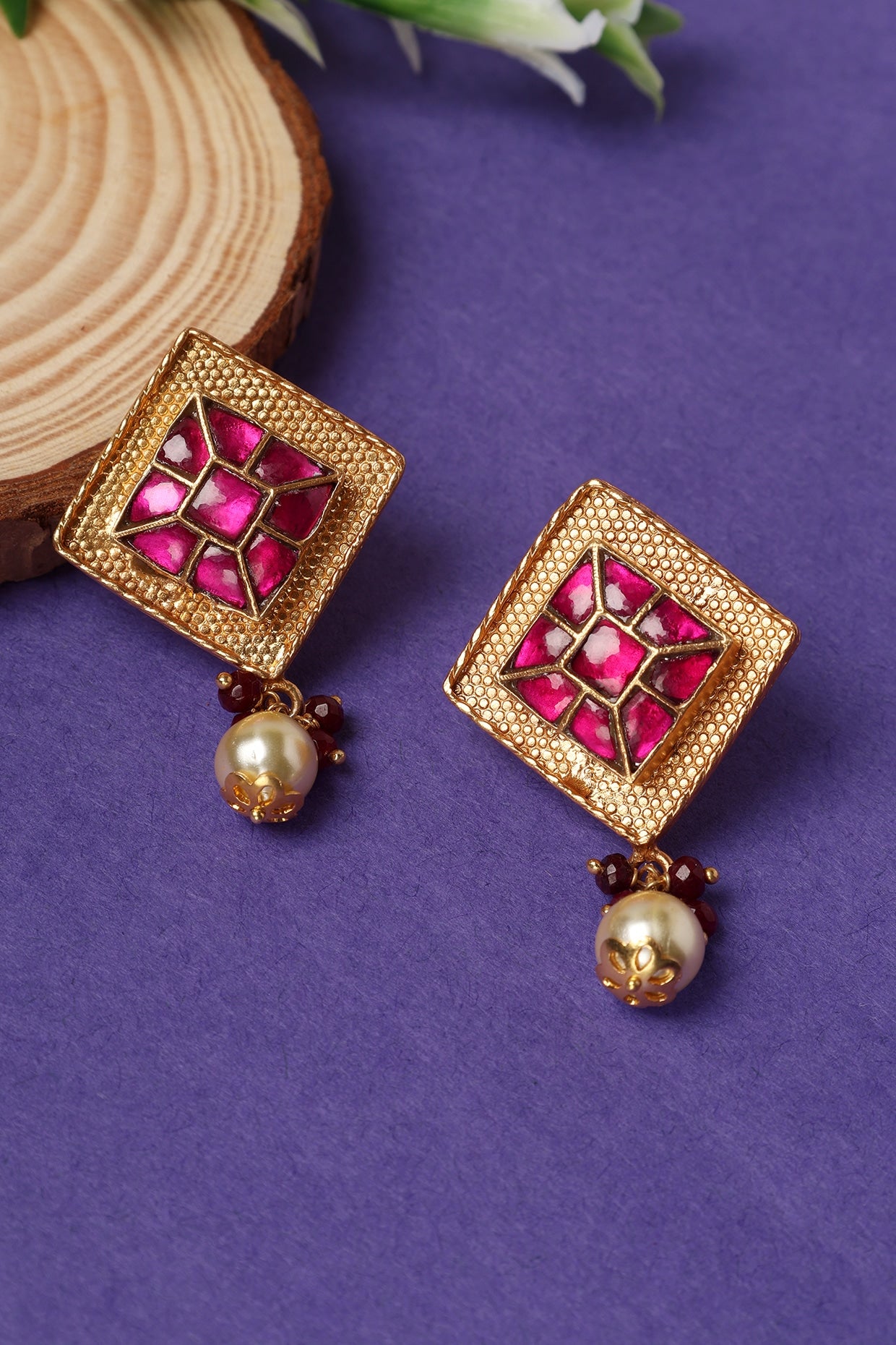 Gold Plated Pink Kundan Polki Temple Dangler Earrings In Sterling Silver