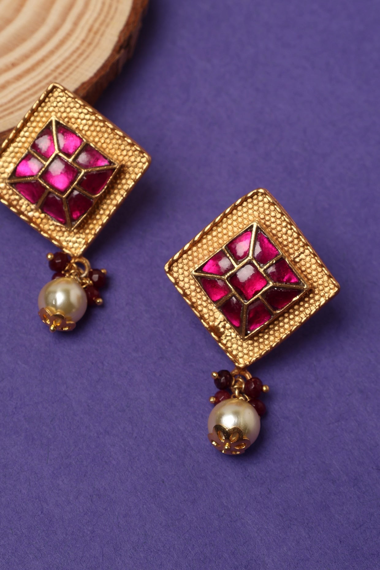 Gold Plated Pink Kundan Polki Temple Dangler Earrings In Sterling Silver