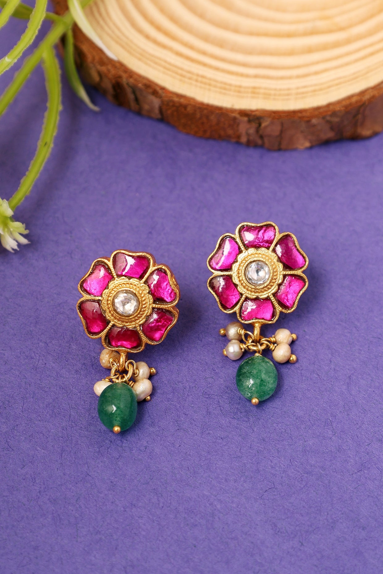 Gold Plated Kundan Polki Temple Floral Dangler Earrings In Sterling Silver