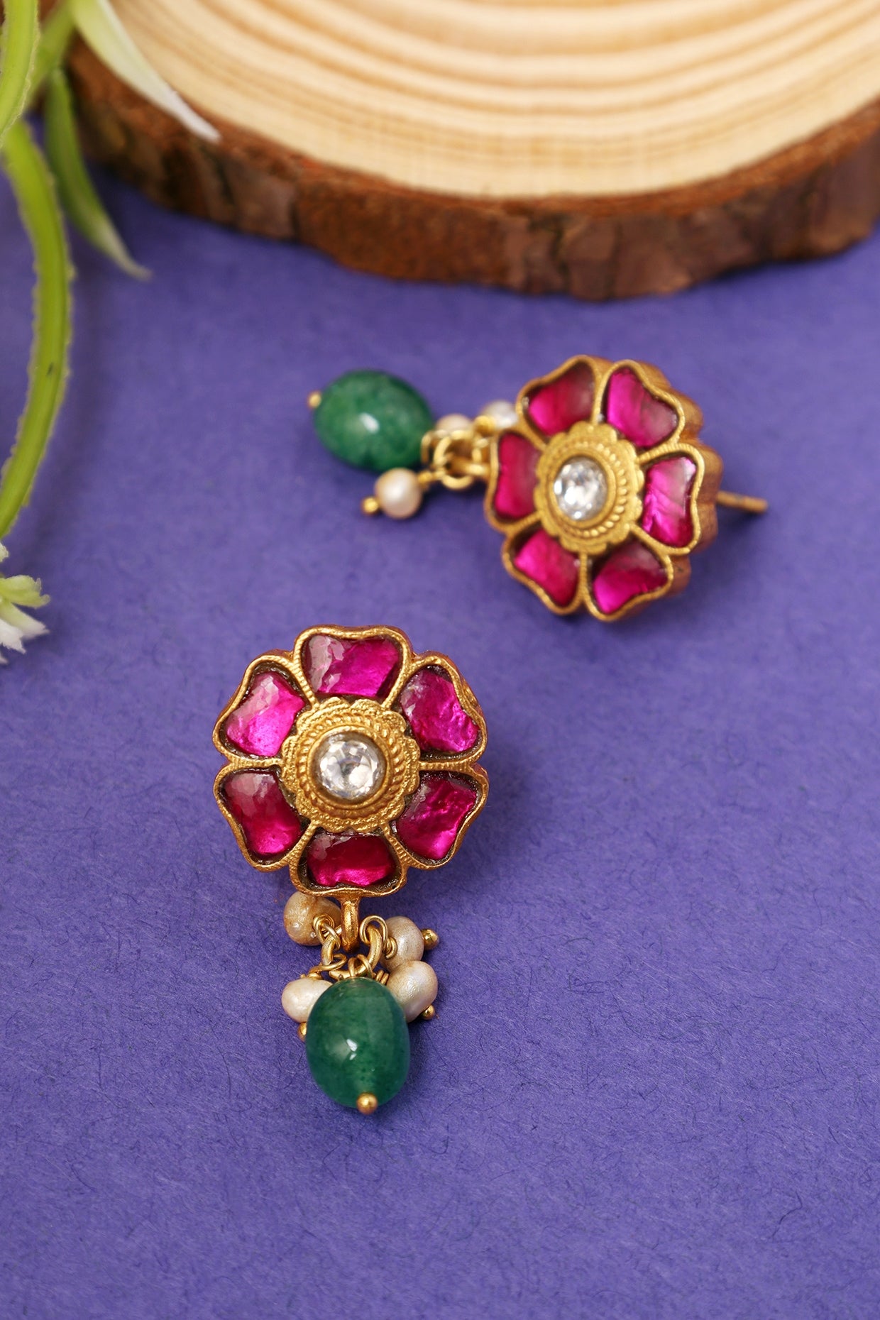 Gold Plated Kundan Polki Temple Floral Dangler Earrings In Sterling Silver