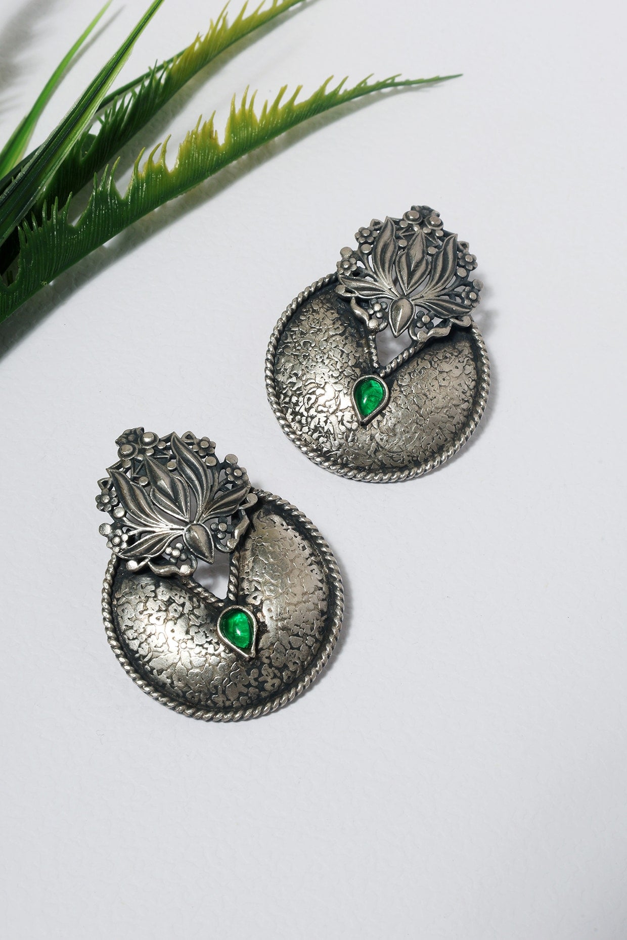 White Finish Green Kempstone Temple Dangler Earrings In Sterling Silver