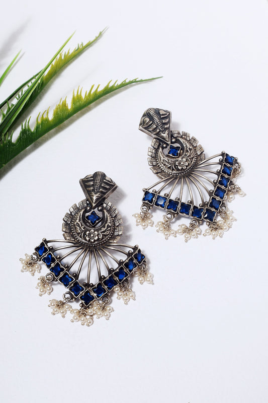 White Finish Blue Kempstone Temple Dangler Earrings In Sterling Silver