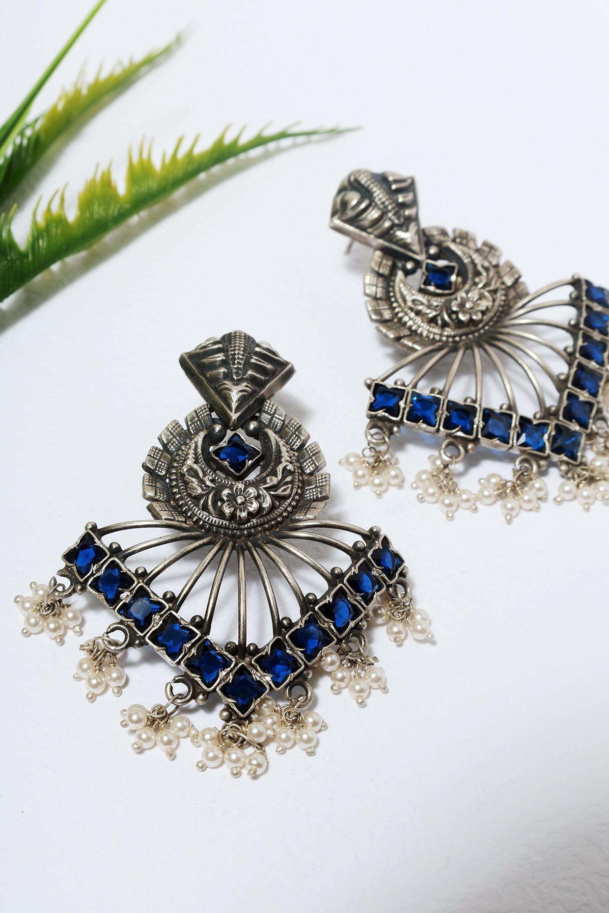 White Finish Blue Kempstone Temple Dangler Earrings In Sterling Silver