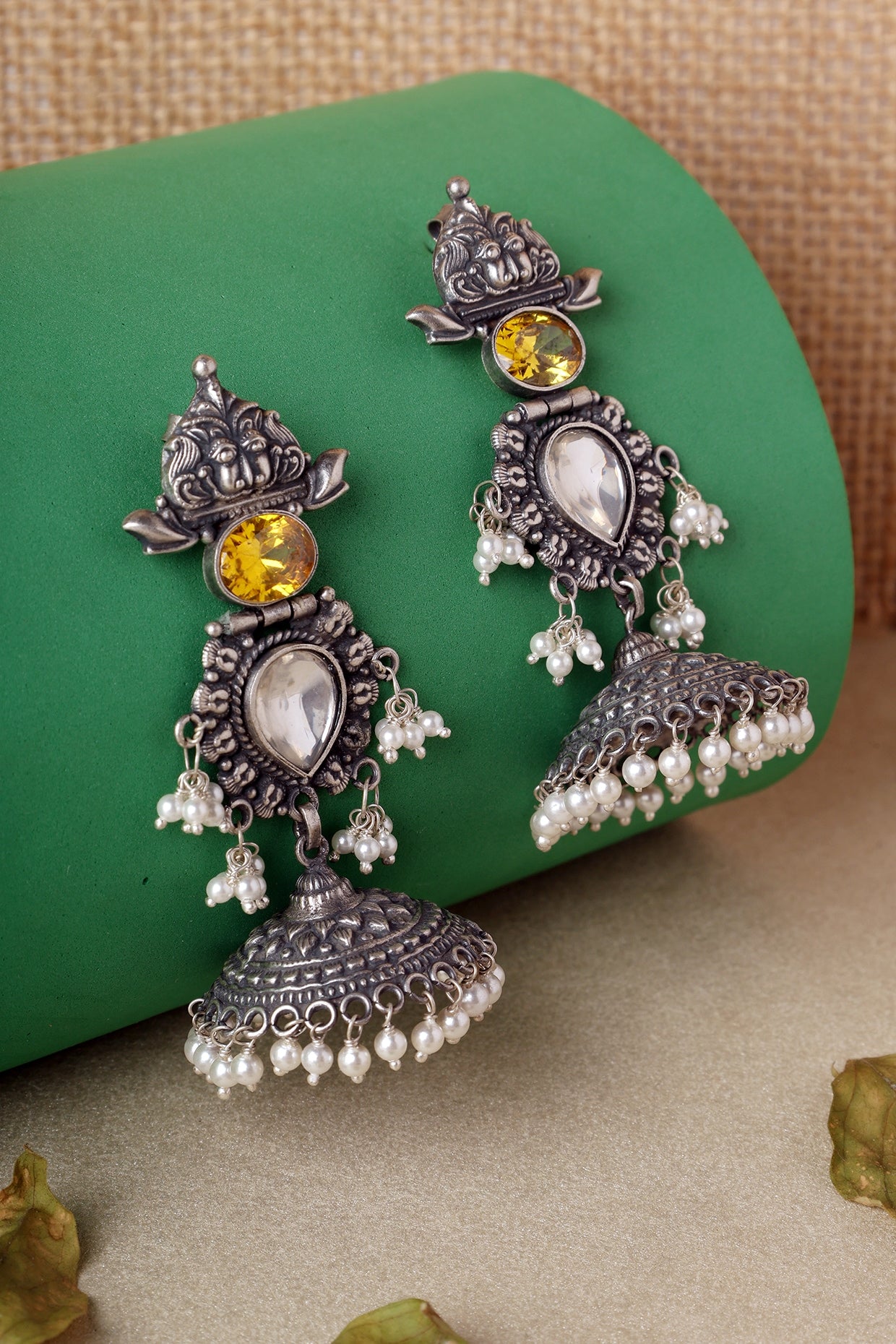 White Finish Yellow Kempstone & Pearl Temple Jhumka Earrings In Sterling Silver