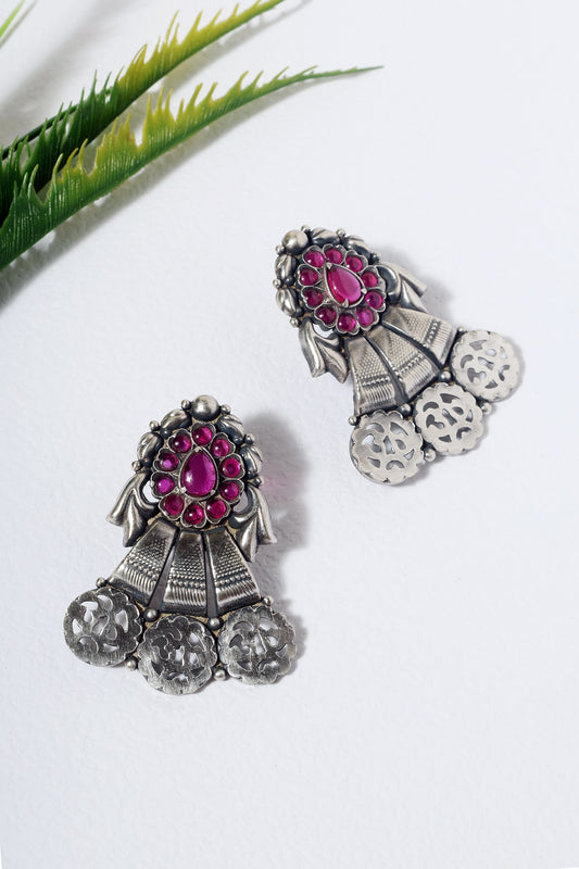 White Finish Pink Kempstone Temple Stud Earrings In Sterling Silver