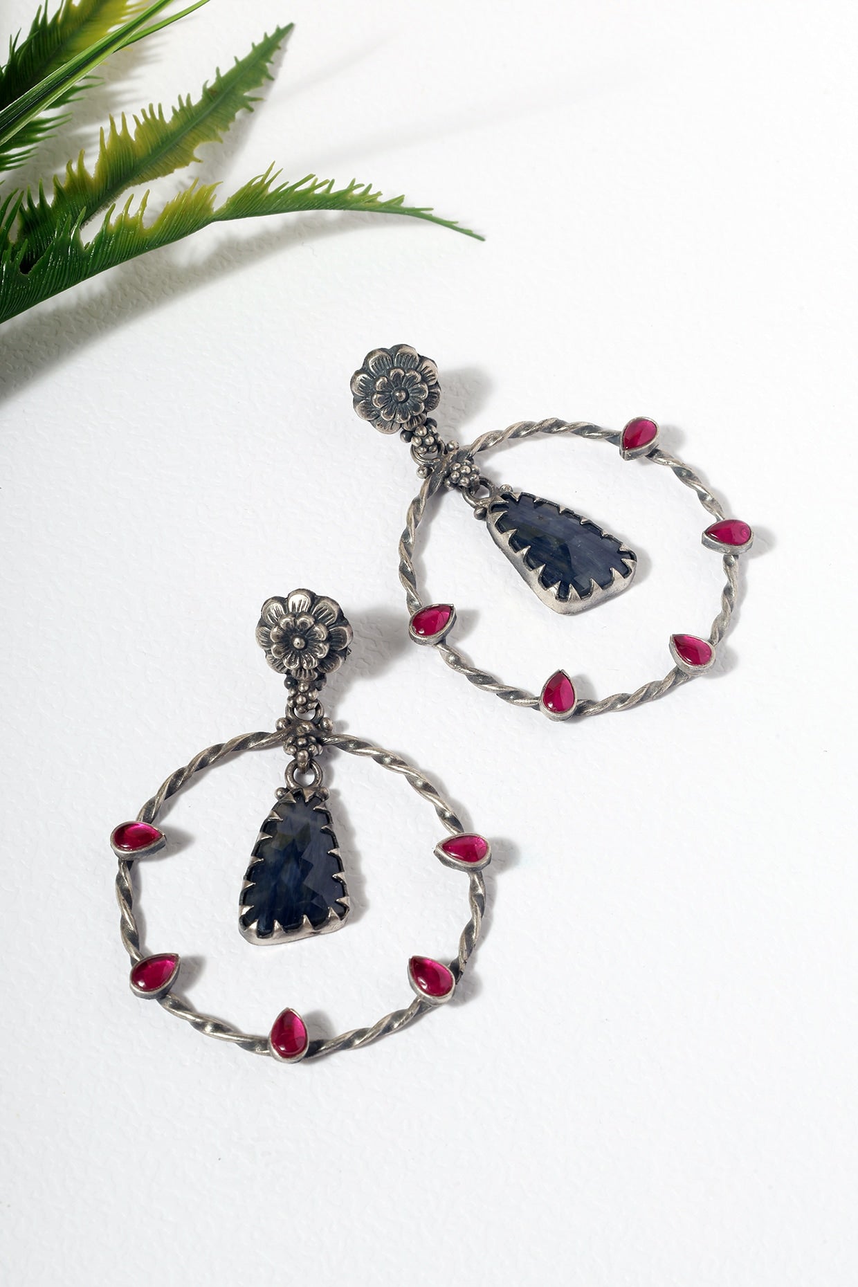 White Finish Blue & Pink Kempstone Temple Dangler Earrings In Sterling Silver