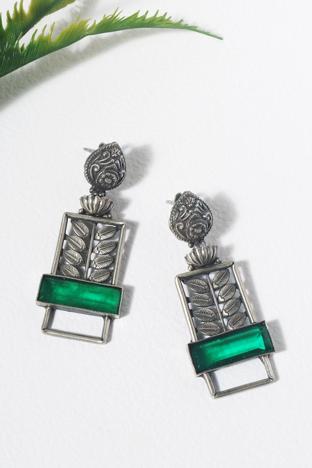 White Finish Green Kempstone Temple Leaf Dangler Earrings In Sterling Silver