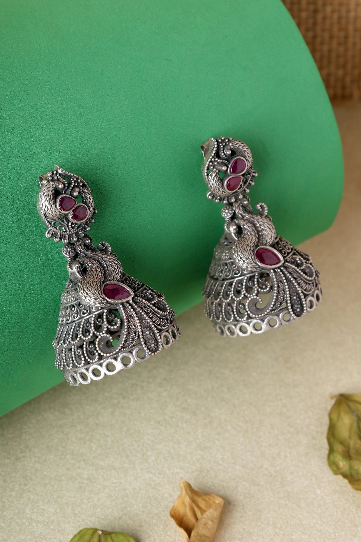 White Finish Pink Kempstone Temple Jhumka Earrings In Sterling Silver