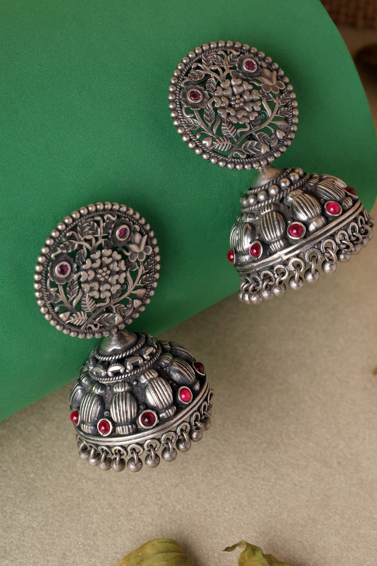 White Finish Pink Kempstone Floral Temple Jhumka Earrings In Sterling Silver