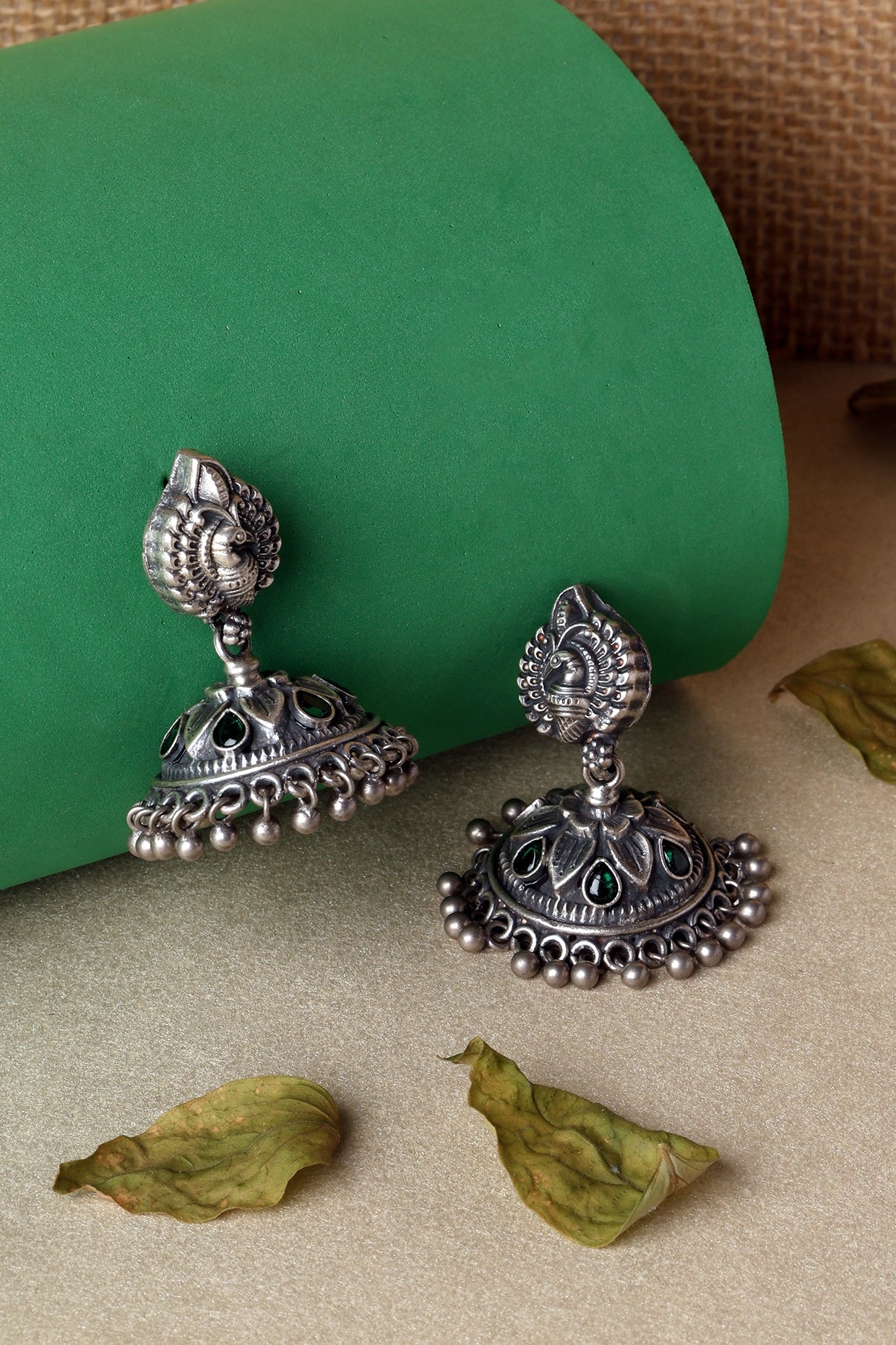 White Finish Kempstone Floral Temple Jhumka Earrings In Sterling Silver