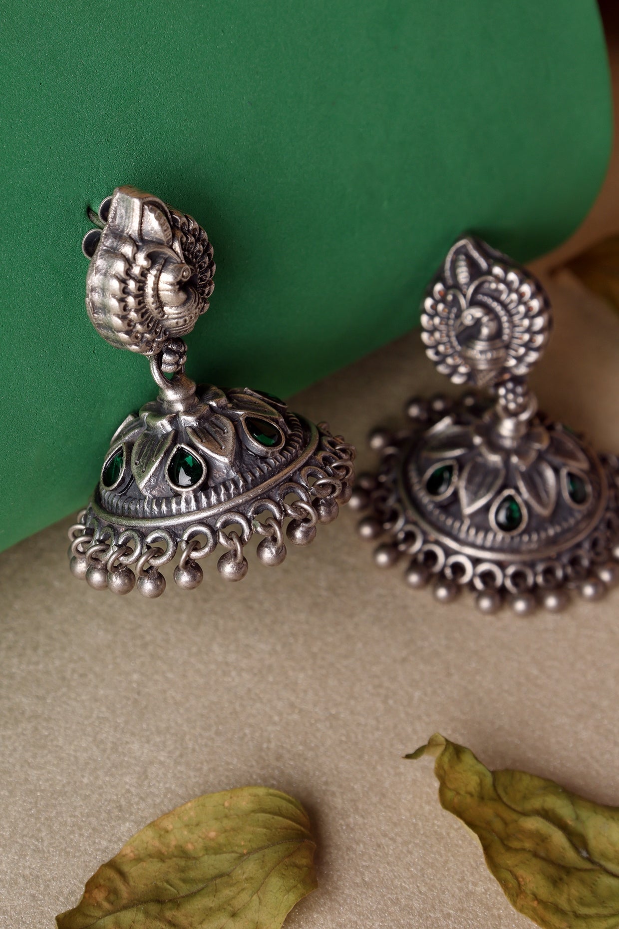 White Finish Kempstone Floral Temple Jhumka Earrings In Sterling Silver