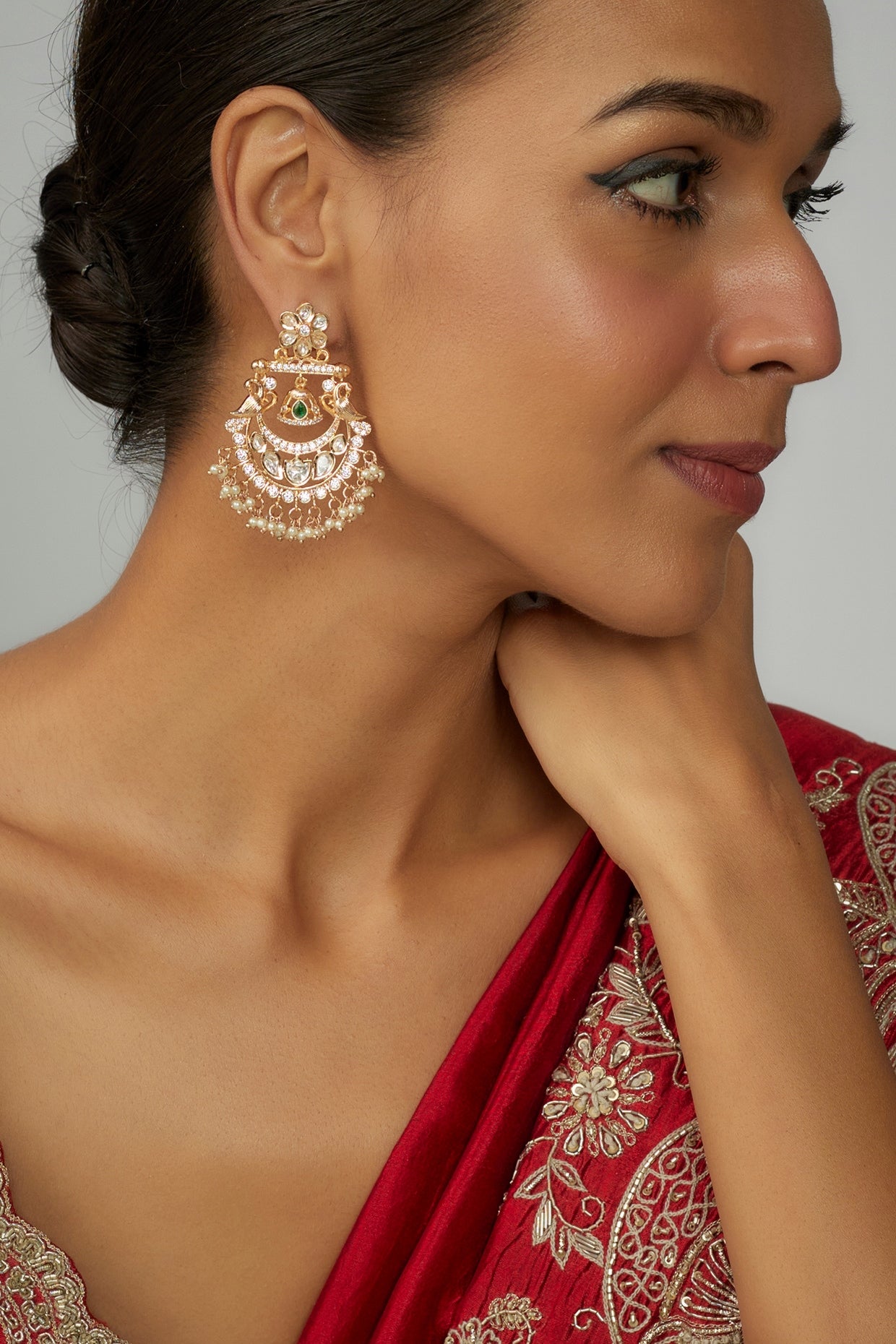 Gold Plated Kundan Polki & Green Stone Chandbali Earrings