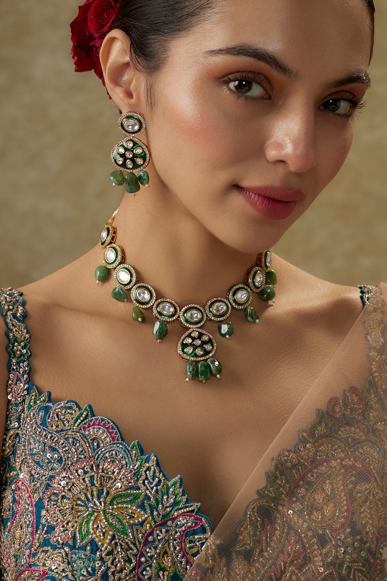 Gold Plated Kundan Polki & Green Beaded Meenakari Necklace Set