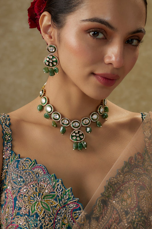 Gold Plated Kundan Polki & Green Beaded Meenakari Necklace Set