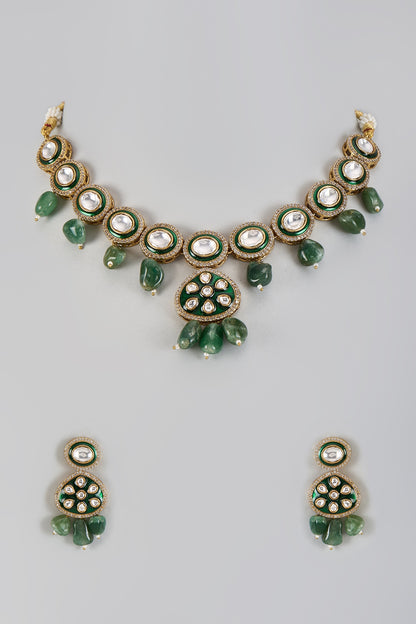 Gold Plated Kundan Polki & Green Beaded Meenakari Necklace Set