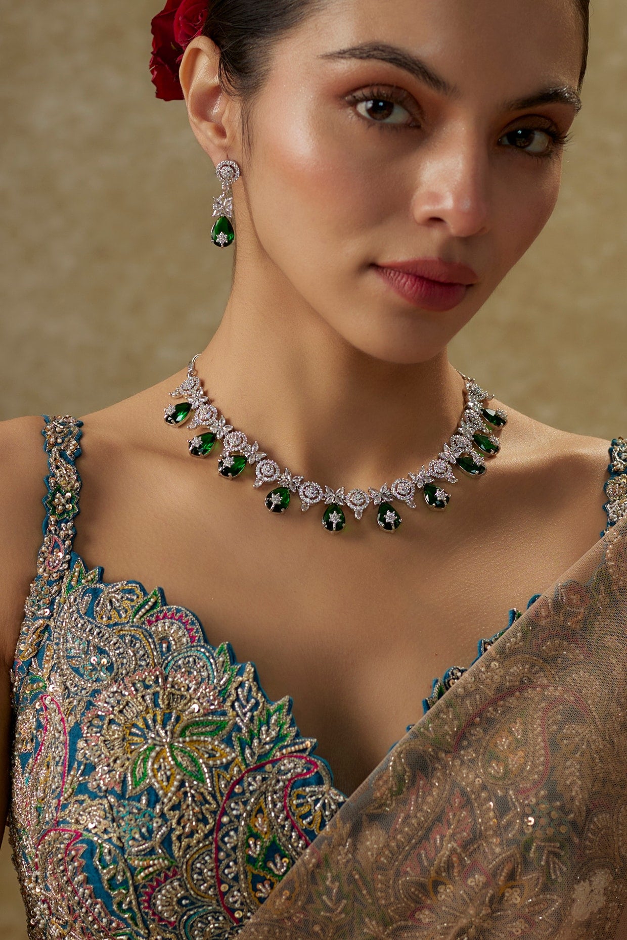 White Gold Finish Cubic Zirconia & Green Stone Necklace Set