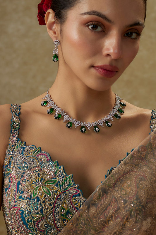 White Gold Finish Cubic Zirconia & Green Stone Necklace Set