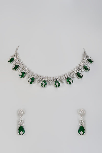 White Gold Finish Cubic Zirconia & Green Stone Necklace Set
