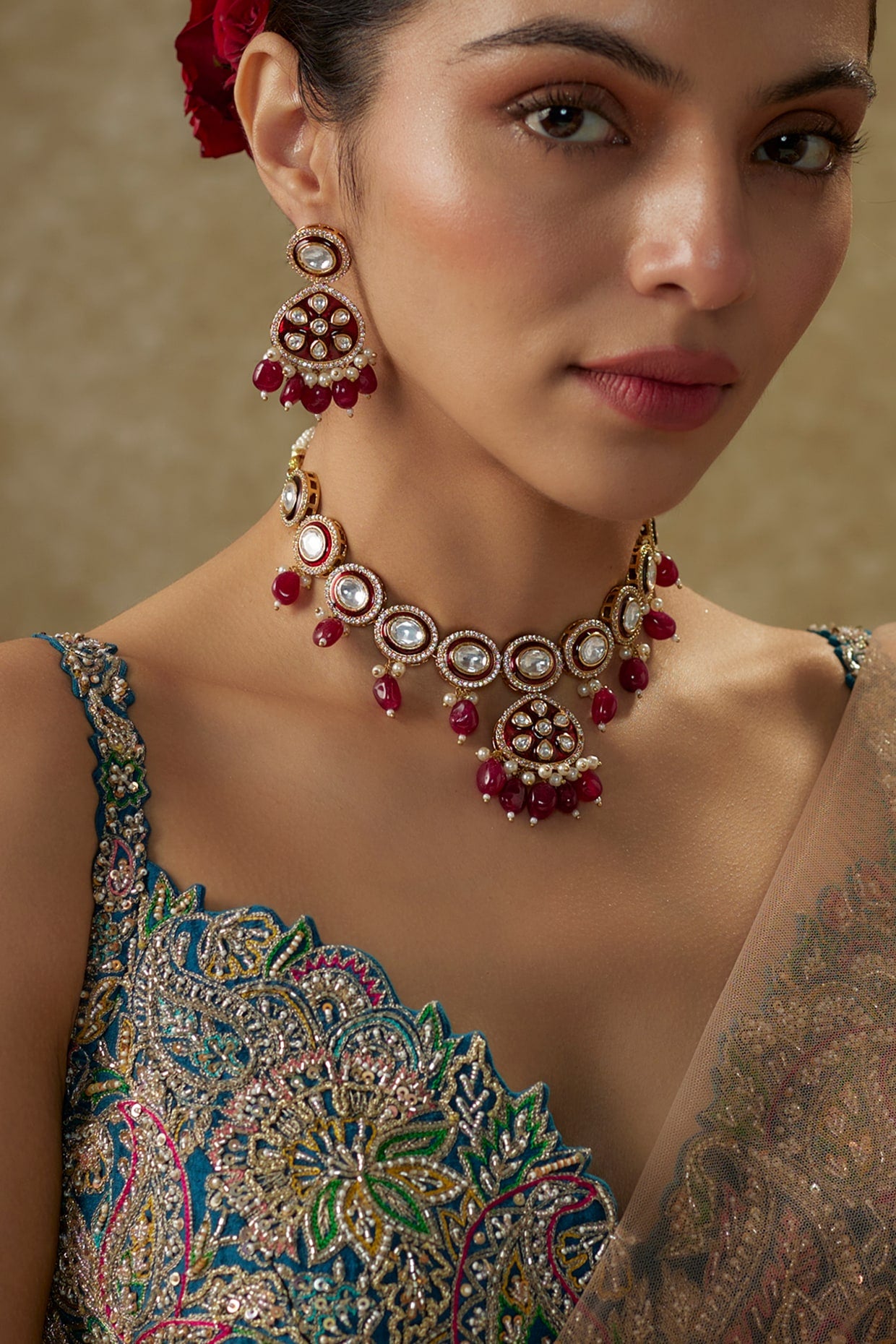 Gold Plated Kundan Polki & Red Beaded Meenakari Necklace Set