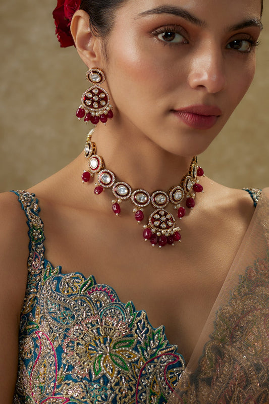 Gold Plated Kundan Polki & Red Beaded Meenakari Necklace Set