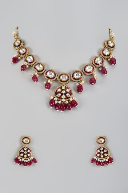 Gold Plated Kundan Polki & Red Beaded Meenakari Necklace Set