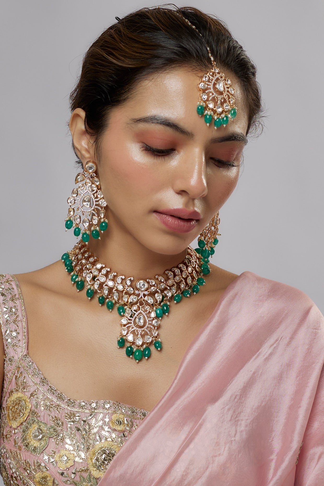 Gold Plated Kundan Polki & Green Beaded Necklace Set