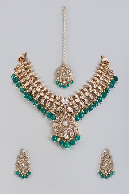 Gold Plated Kundan Polki & Green Beaded Necklace Set