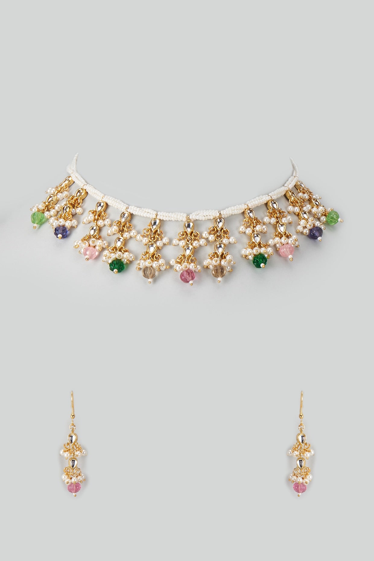 Gold Plated Kundan Polki & Beaded Necklace Set