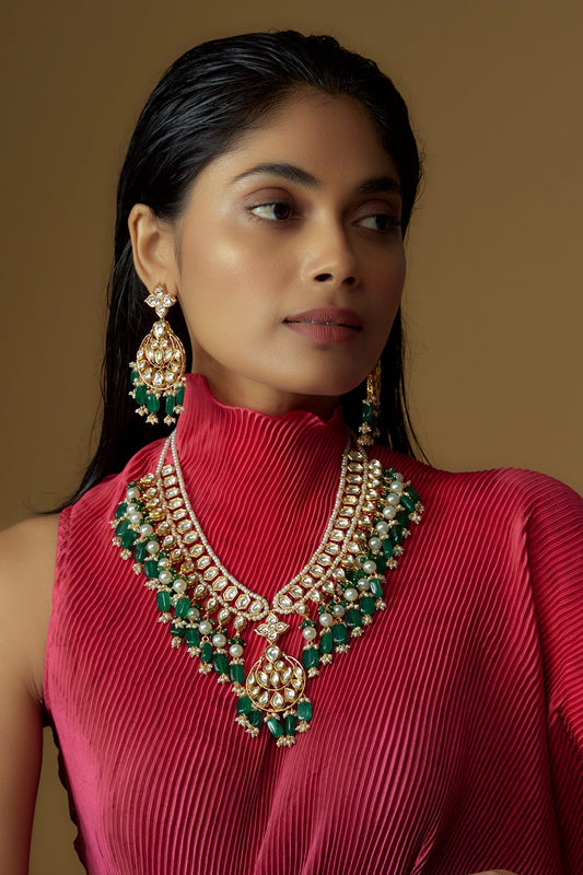 Gold Plated Kundan Polki & Emerald Beaded Necklace Set