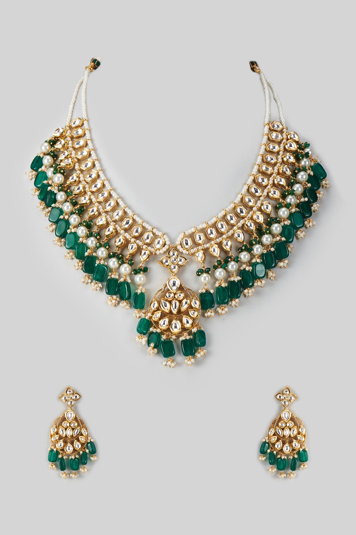 Gold Plated Kundan Polki & Emerald Beaded Necklace Set