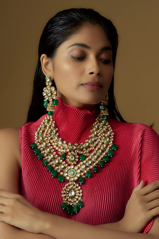 Gold Plated Kundan Polki & Emerald Beaded Layered Meenakari Necklace Set