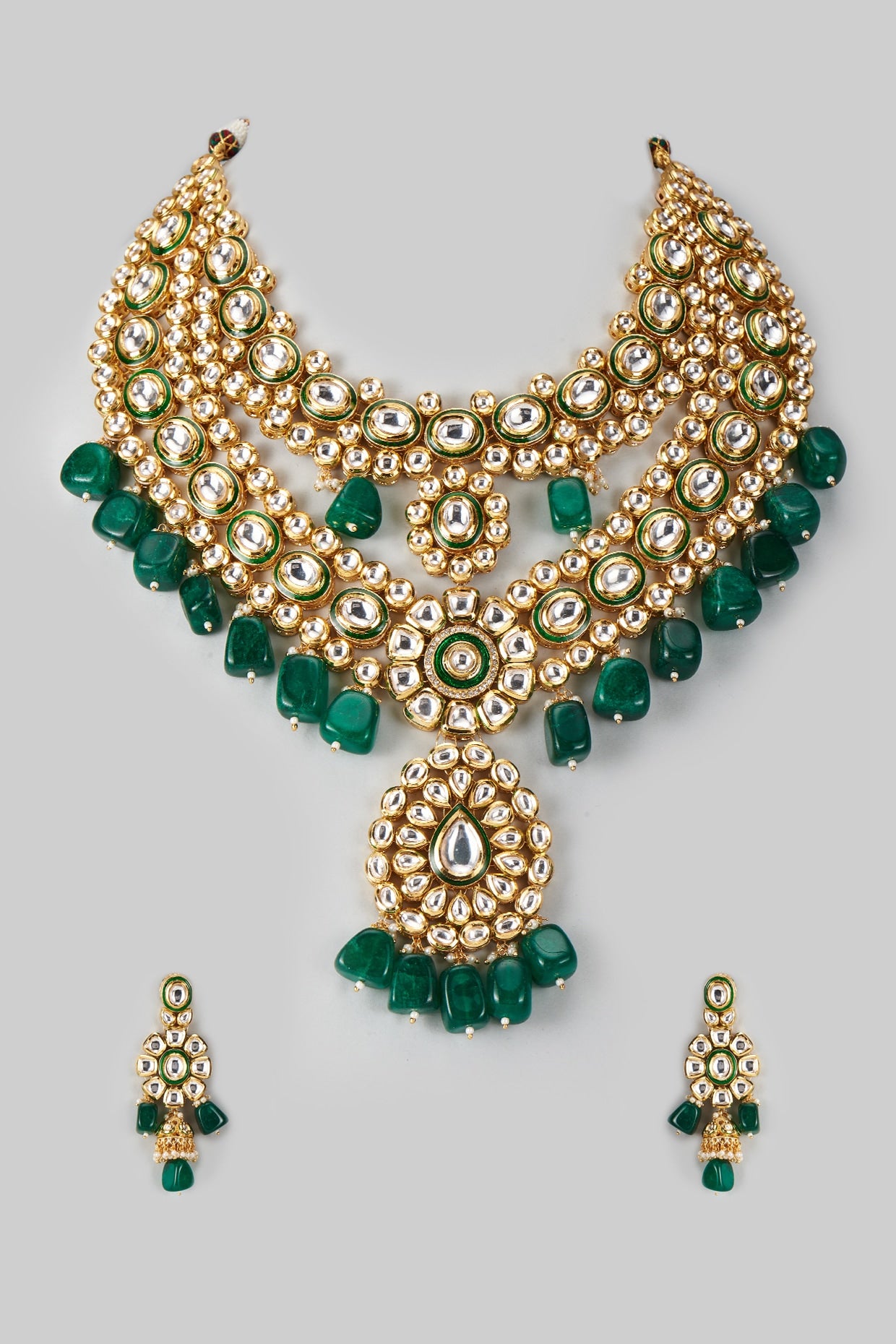 Gold Plated Kundan Polki & Emerald Beaded Layered Meenakari Necklace Set