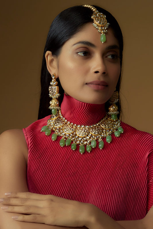 Gold Plated Kundan Polki & Green Jade Beaded Meenakari Necklace Set