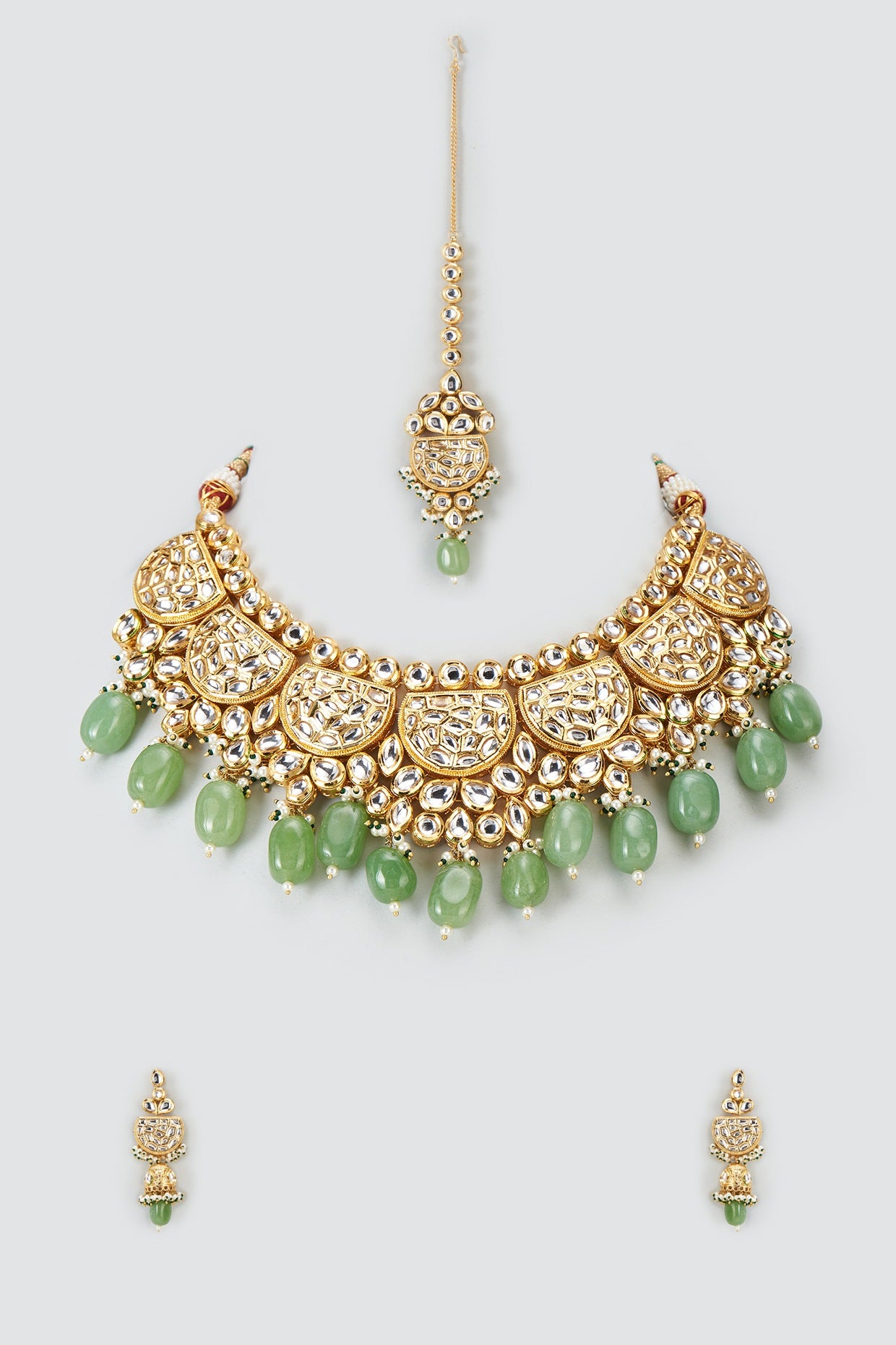 Gold Plated Kundan Polki & Green Jade Beaded Meenakari Necklace Set