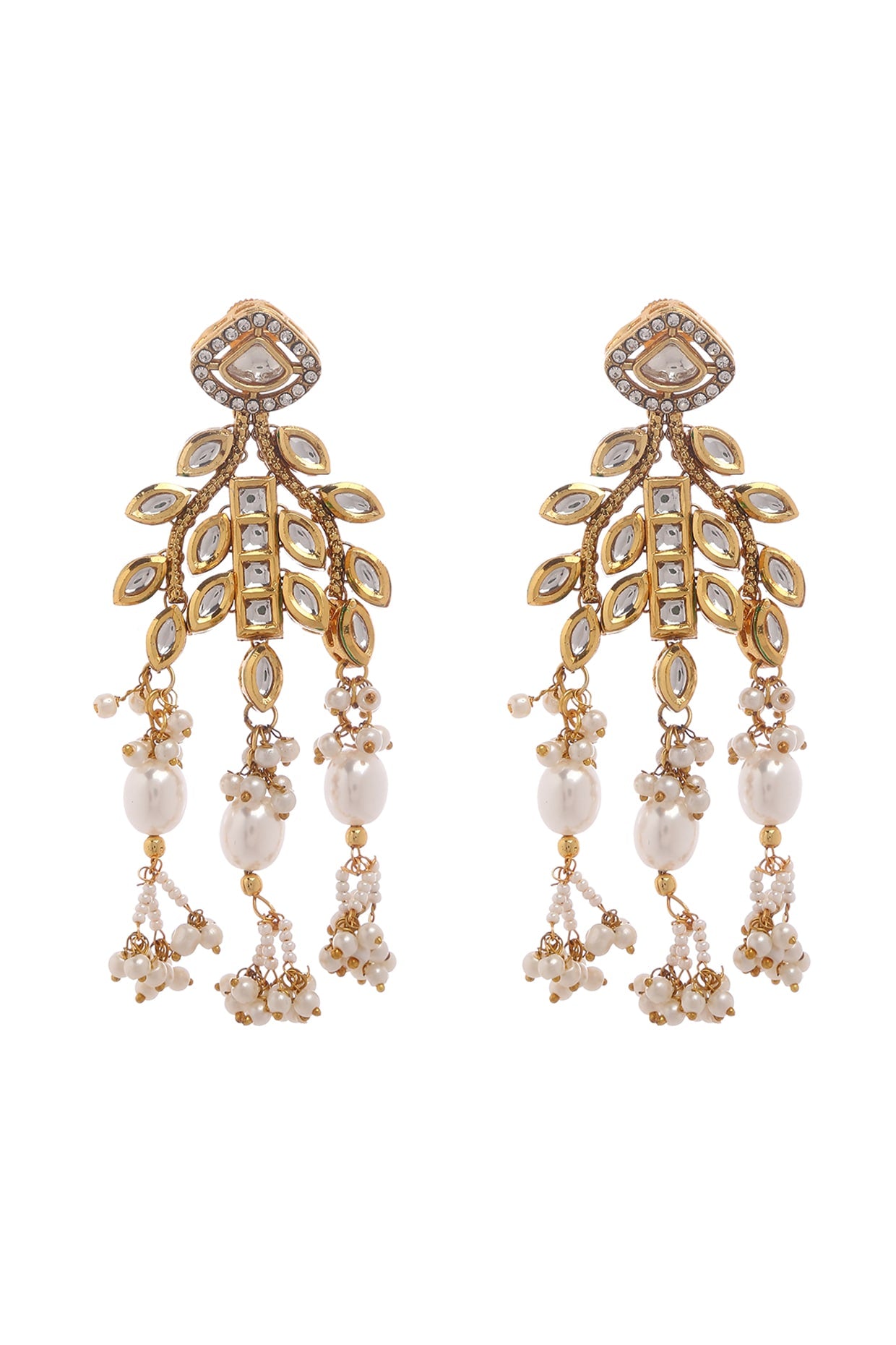 Gold Plated Kundan Polki & Pearls Dangler Earrings