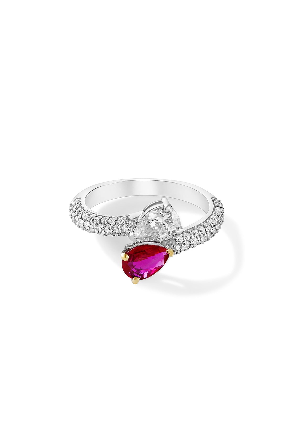 White Rhodium Plated Ruby & Cubic Zircon Ring In Sterling Silver