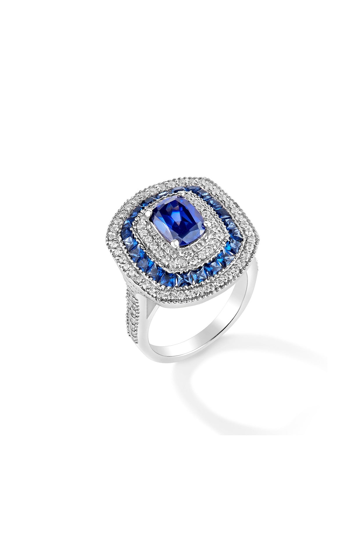 White Rhodium Plated Blue Sapphire & Cubic Zircon Ring In Sterling Silver