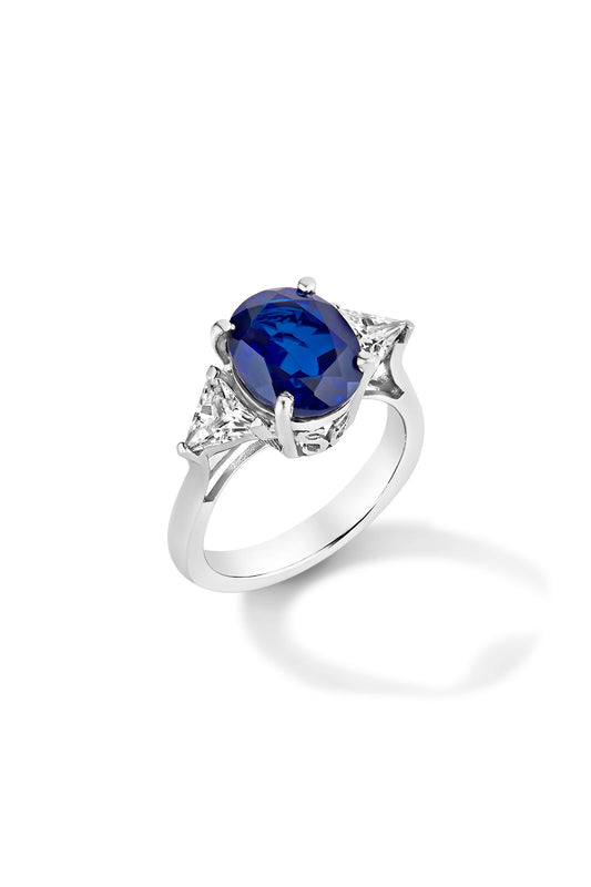 White Rhodium Plated Blue Sapphire & Cubic Zircon Ring In Sterling Silver