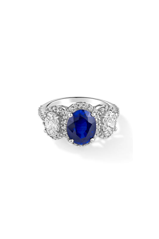 White Rhodium Plated Blue Sapphire & Cubic Zircon Ring In Sterling Silver