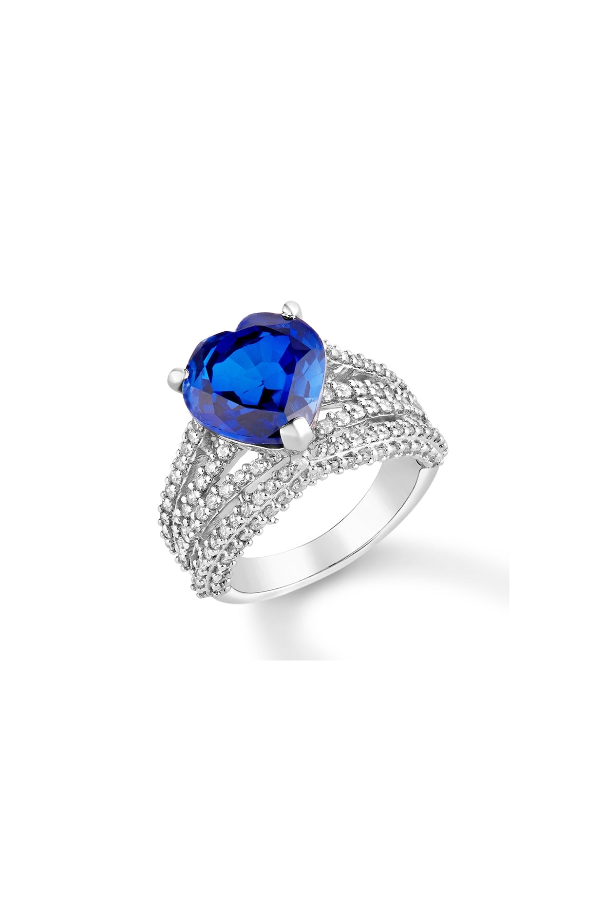 White Rhodium Plated Blue Sapphire & Cubic Zircon Ring In Sterling Silver