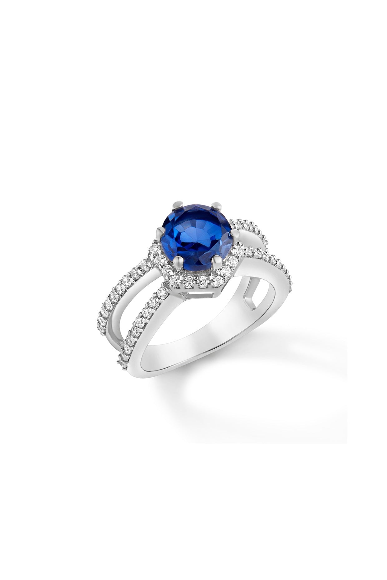 White Rhodium Plated Blue Sapphire & Cubic Zircon Ring In Sterling Silver