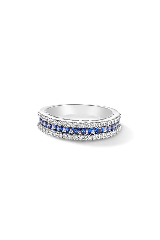 White Rhodium Plated Blue Sapphire & Cubic Zircon Band Ring In Sterling Silver