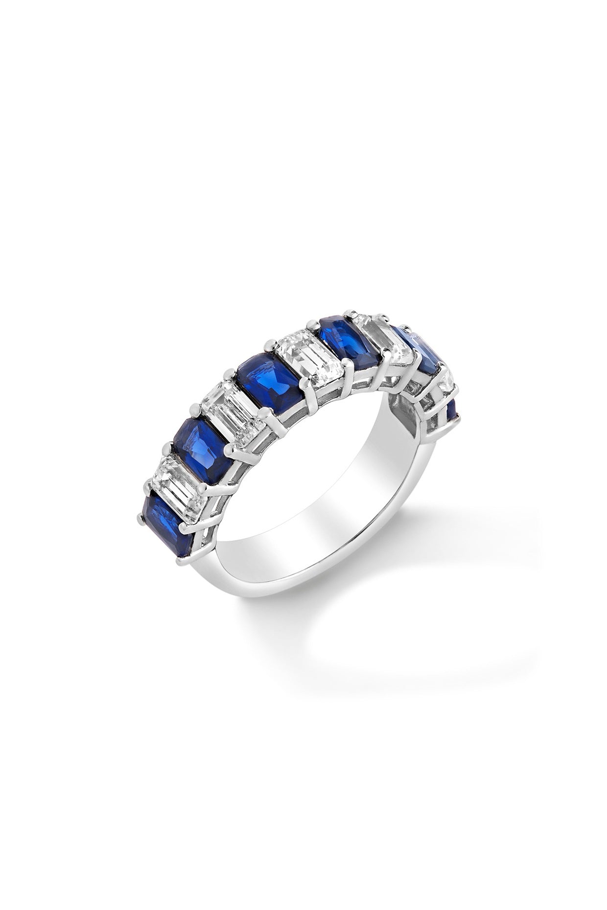 White Rhodium Plated Blue Sapphire & Cubic Zircon Ring In Sterling Silver