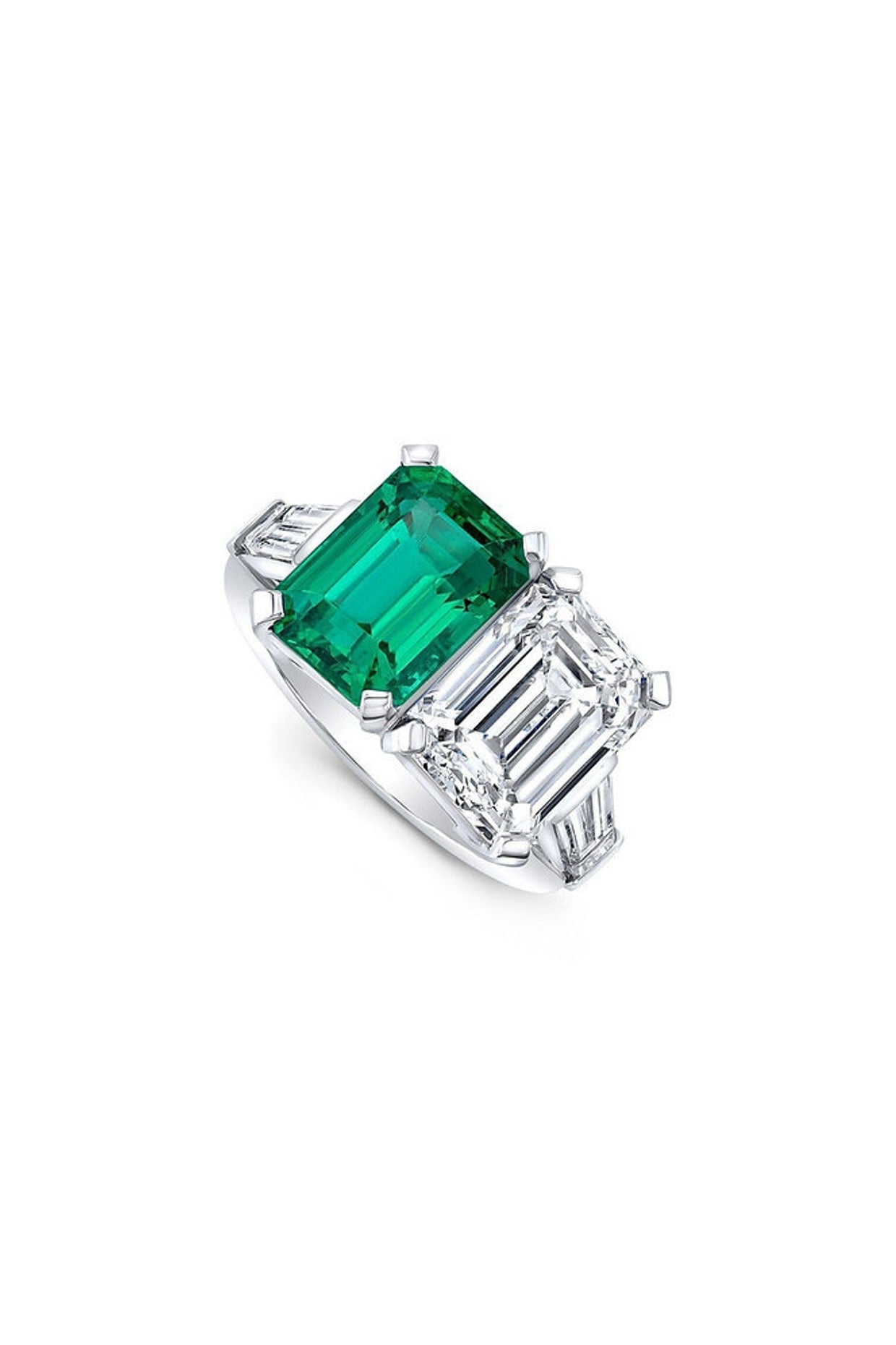 White Rhodium Plated Emerald & Cubic Zircon Ring In Sterling Silver