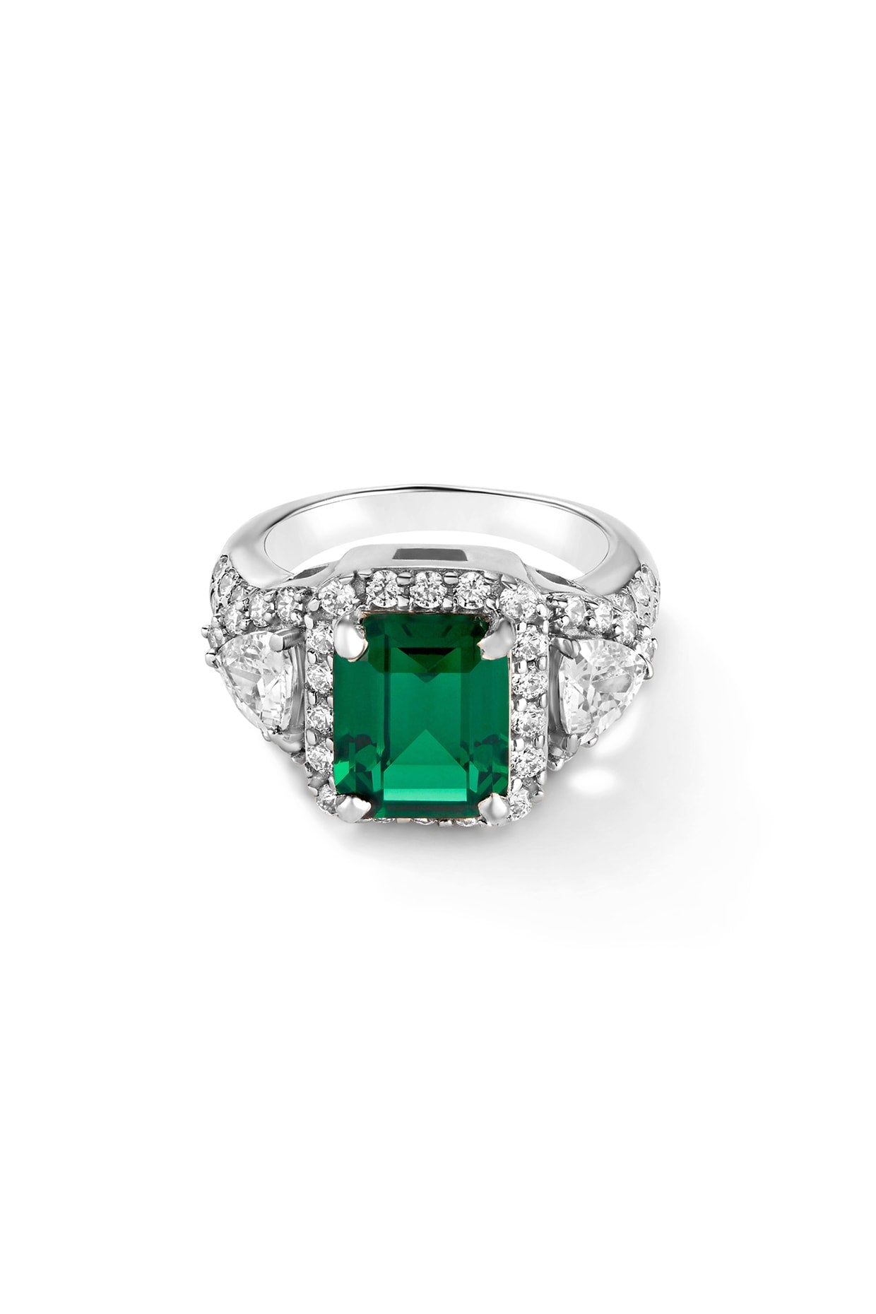 White Rhodium Plated Emerald & Cubic Zircon Ring In Sterling Silver