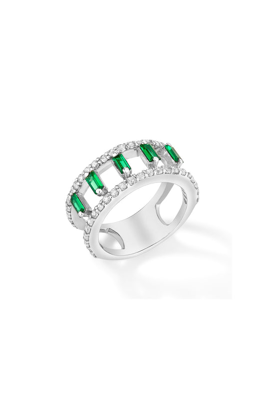 White Rhodium Plated Emerald Baguette & Cubic Zircon Ring In Sterling Silver