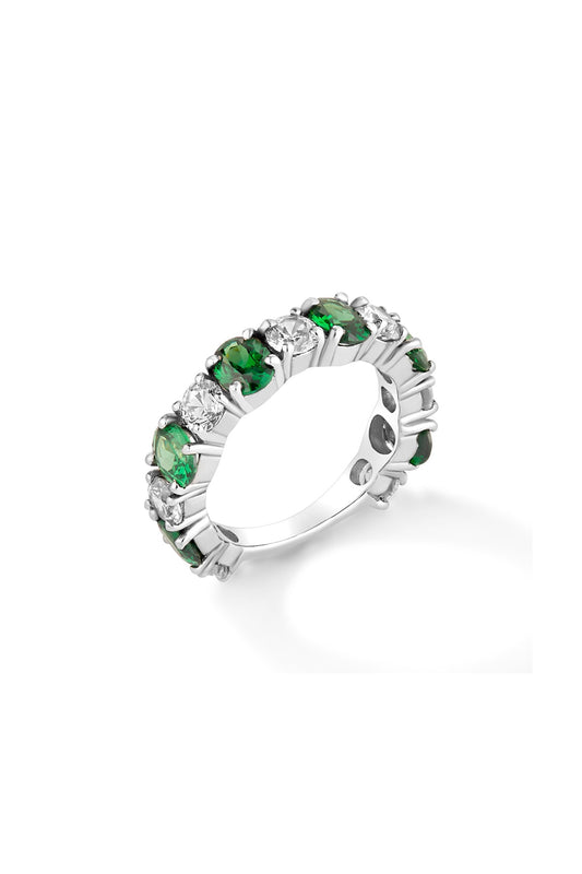 White Rhodium Plated Emerald & Cubic Zircon Ring In Sterling Silver